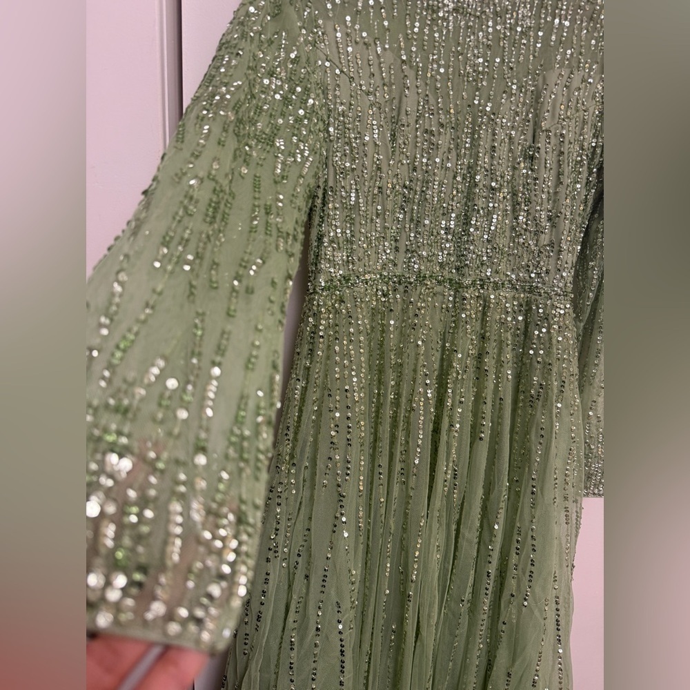 NWT| 5636 Sage Green Illusion High Neck Long Sleeve Embellished Gown Size 10 - Picture 9 of 15
